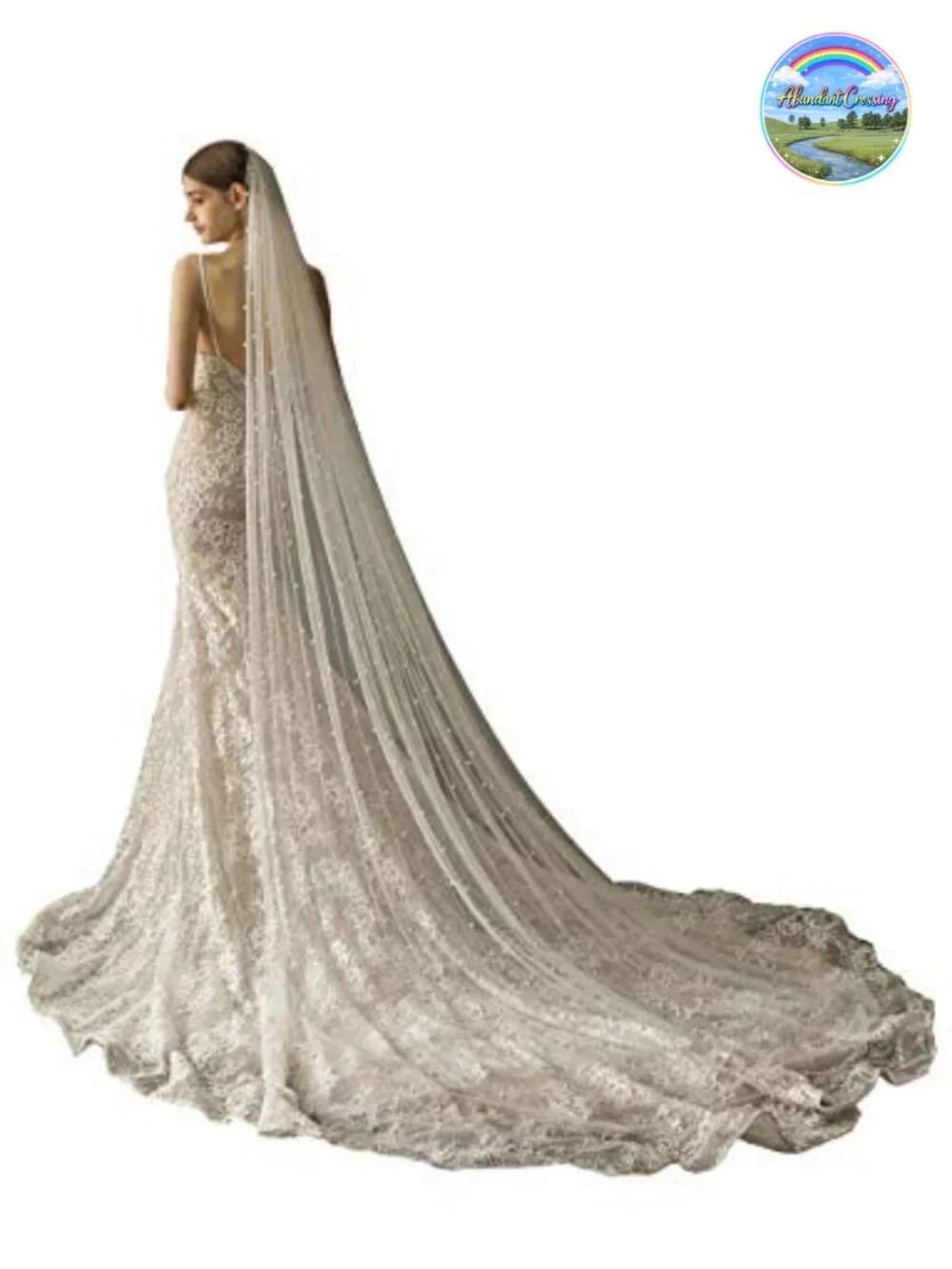Ivory Pearl Embellished Cathedral Wedding Veil with Comb, 118 Inch One Tier